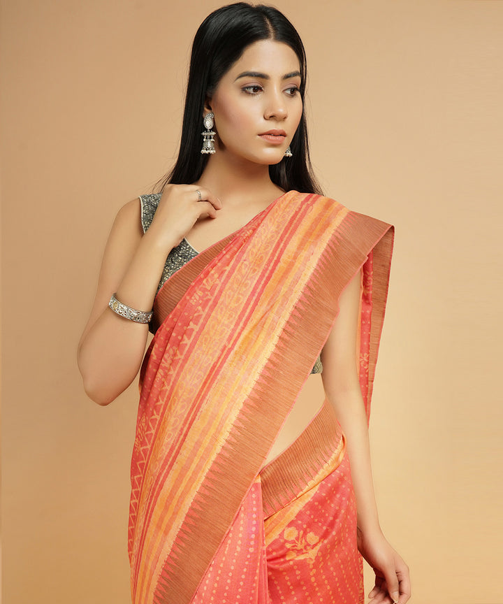 Light orange gheecha border cotton silk handblock dabu print sari