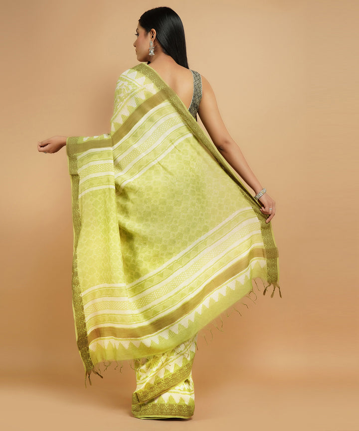 Lime green cotton silk handblock dabu print sari