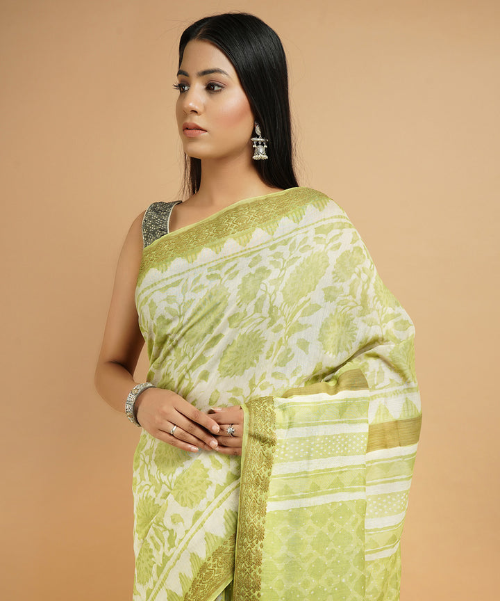 Lime green cotton silk handblock dabu print sari