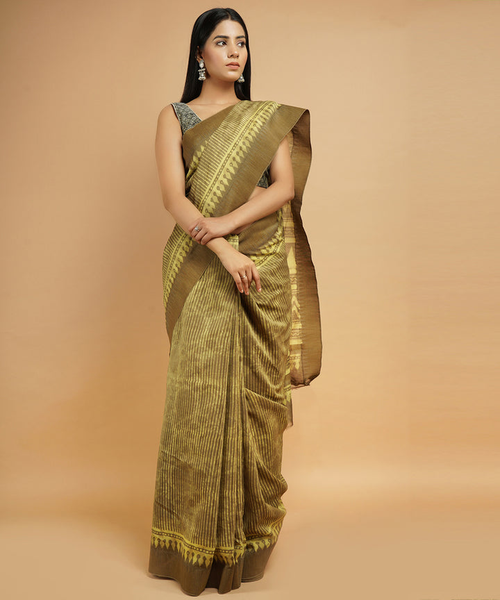 Olive green gheecha border cotton silk hand block dabu printed sari