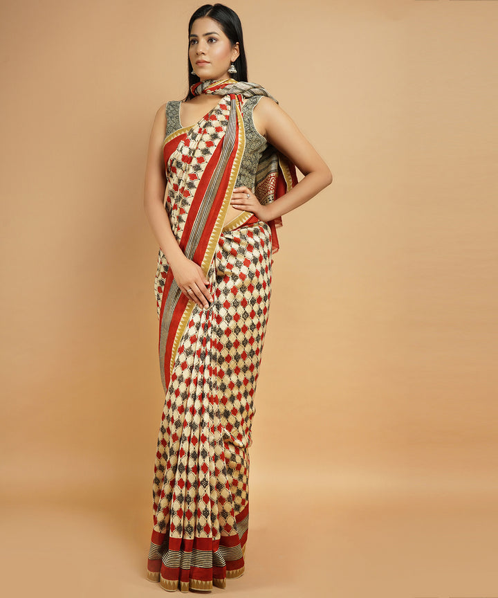 Multi colour gheecha border cotton silk handblock dabu print sari