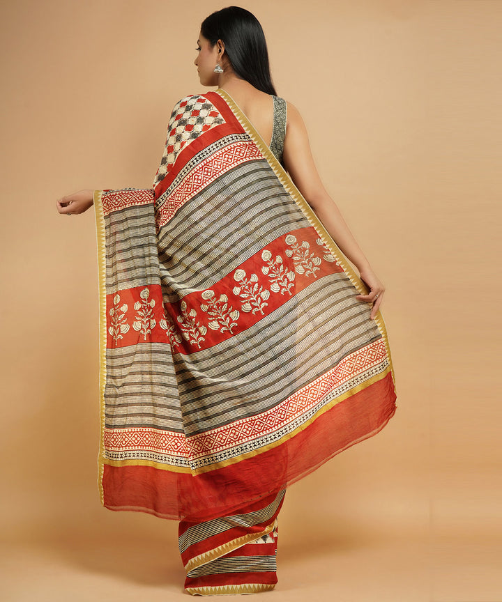Multi colour gheecha border cotton silk handblock dabu print sari
