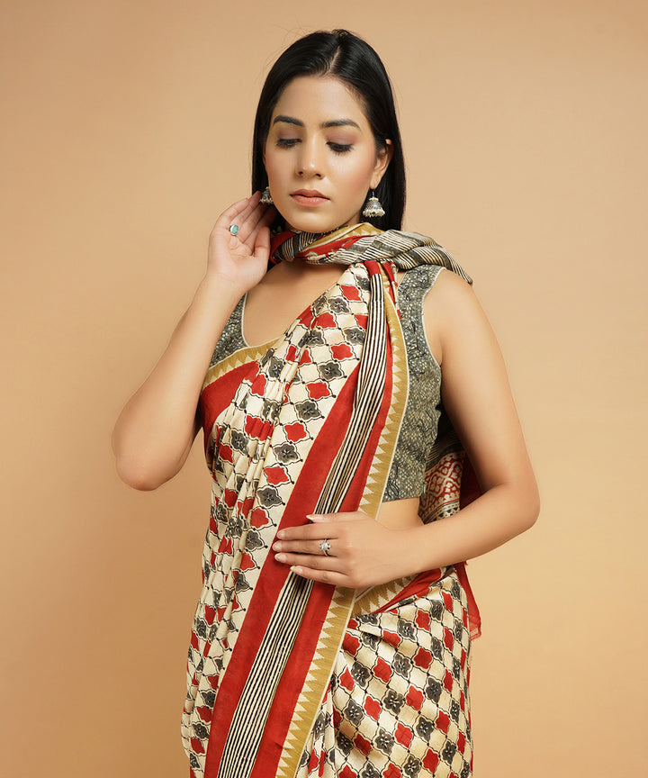 Multi colour gheecha border cotton silk handblock dabu print sari