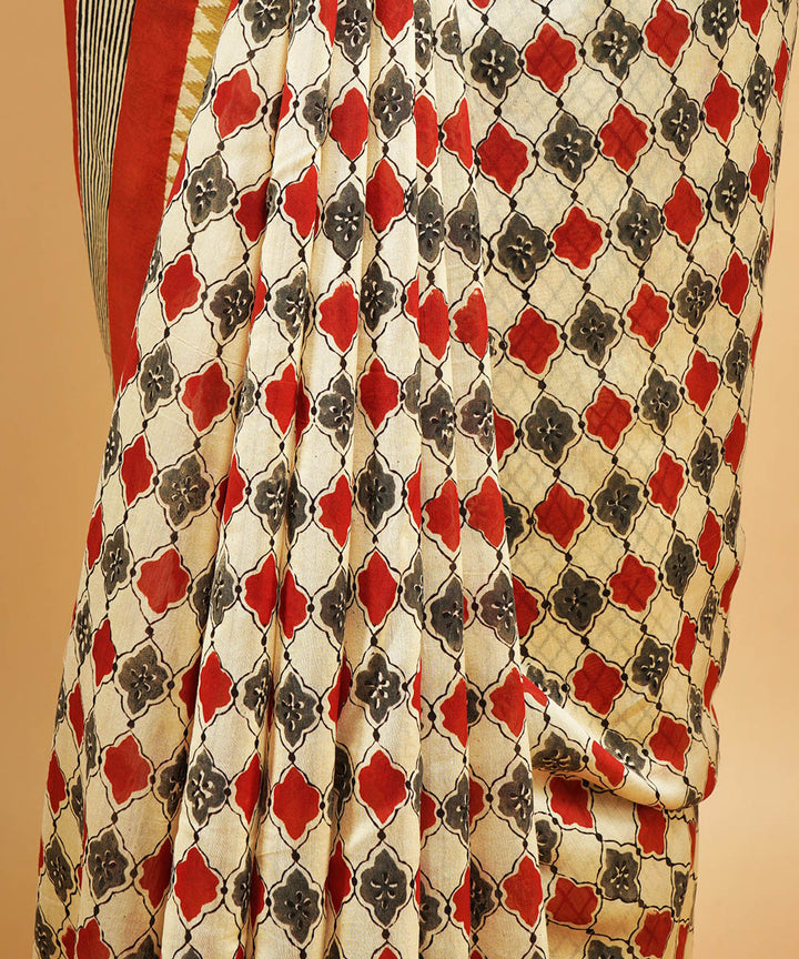 Multi colour gheecha border cotton silk handblock dabu print sari