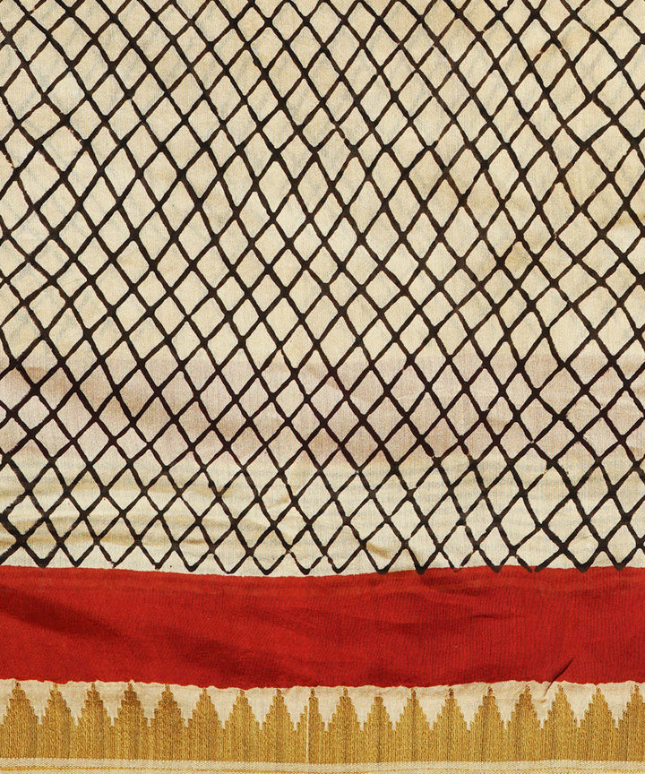 Multi colour gheecha border cotton silk handblock dabu print sari