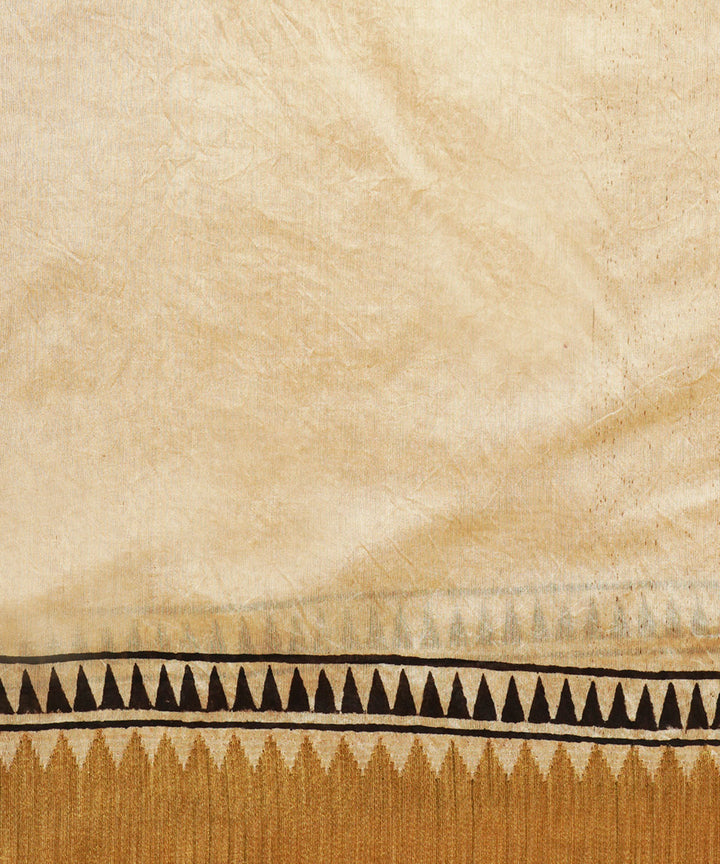 Cream gheecha border cotton silk hand block dabu print sari