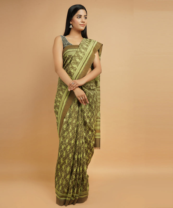 Olive green gheecha border cotton silk handblock dabu print sari
