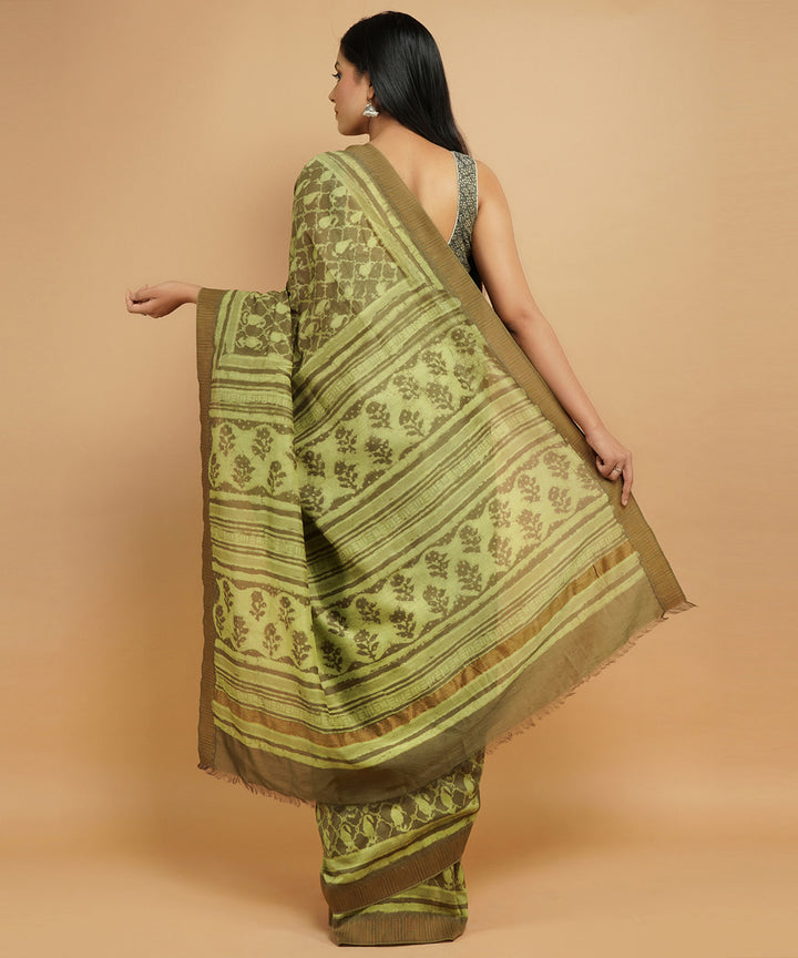 Olive green gheecha border cotton silk handblock dabu print sari