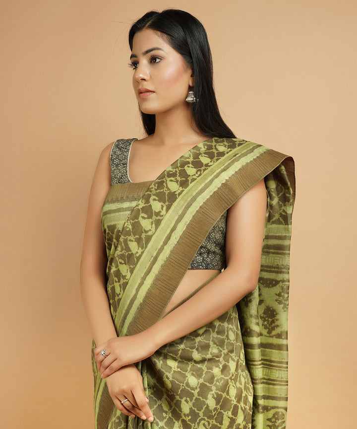 Olive green gheecha border cotton silk handblock dabu print sari