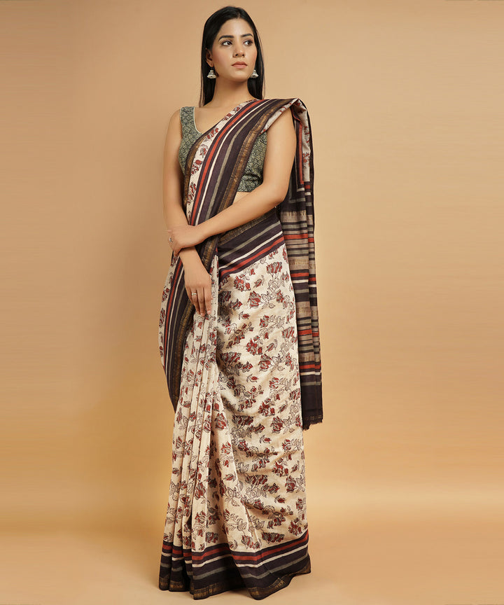 White and multicolor cotton silk handblock dabu print sari