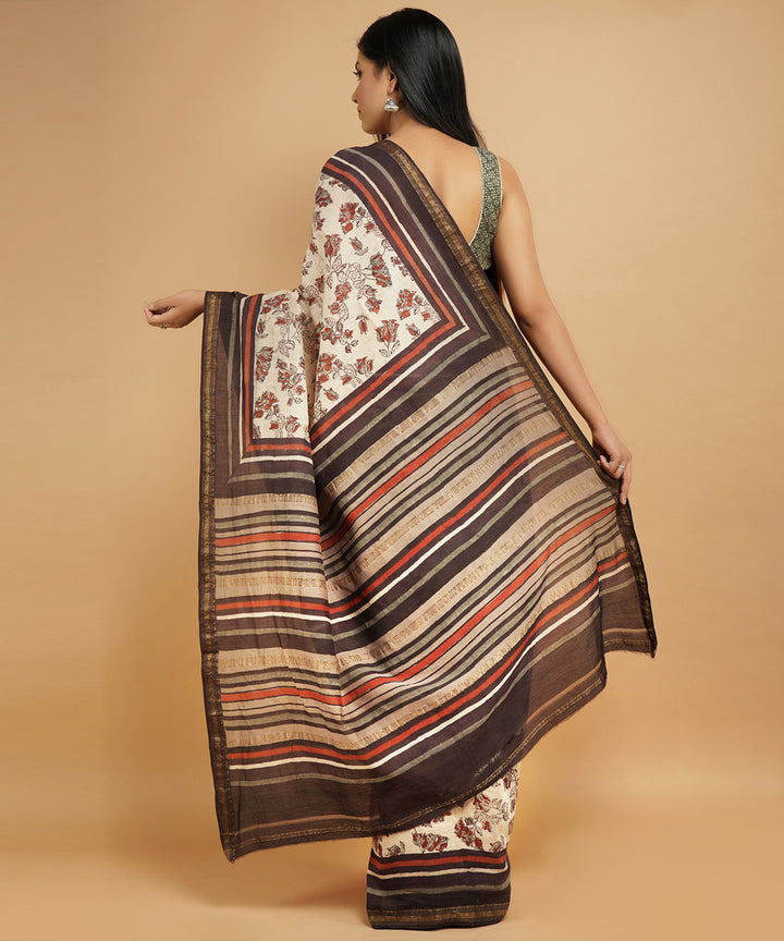 White and multicolor cotton silk handblock dabu print sari
