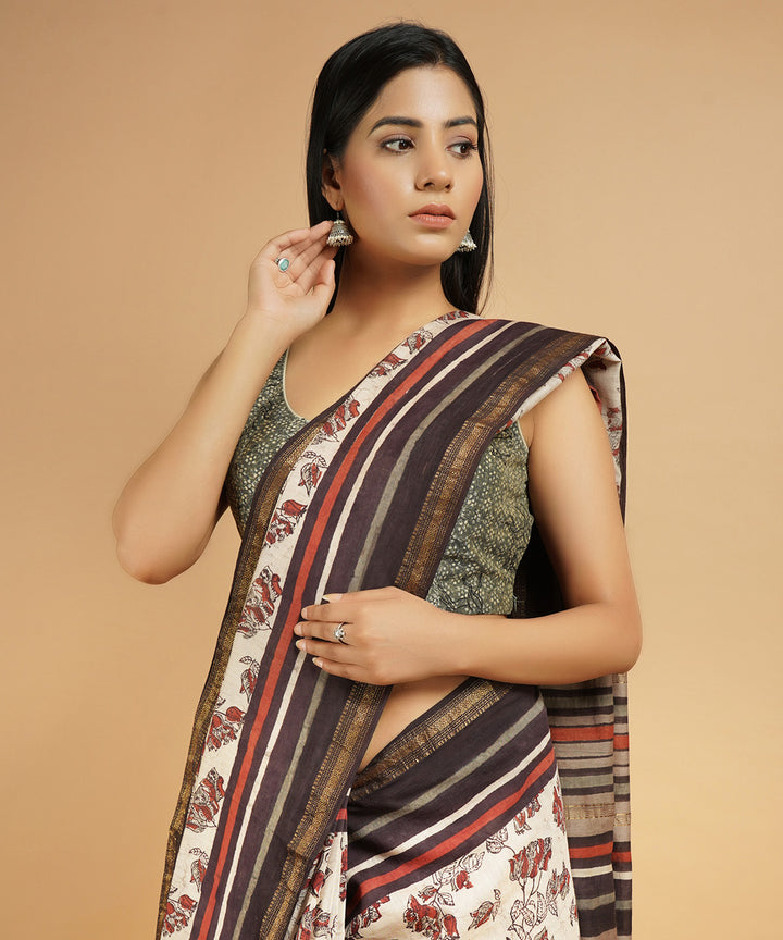 White and multicolor cotton silk handblock dabu print sari