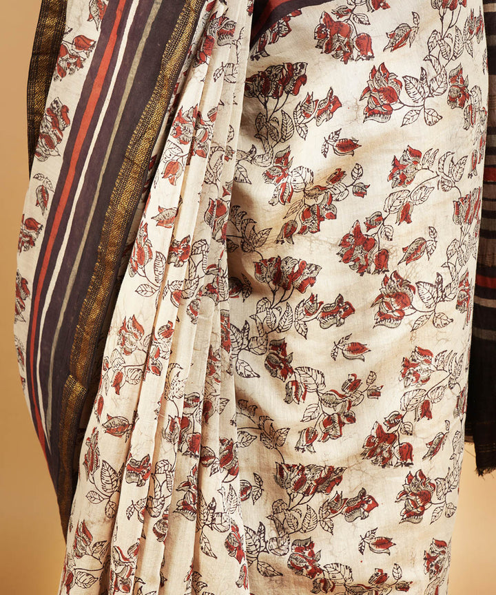 White and multicolor cotton silk handblock dabu print sari