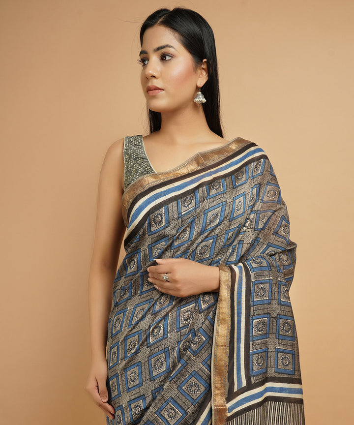 Grey cotton silk handblock dabu printed sari