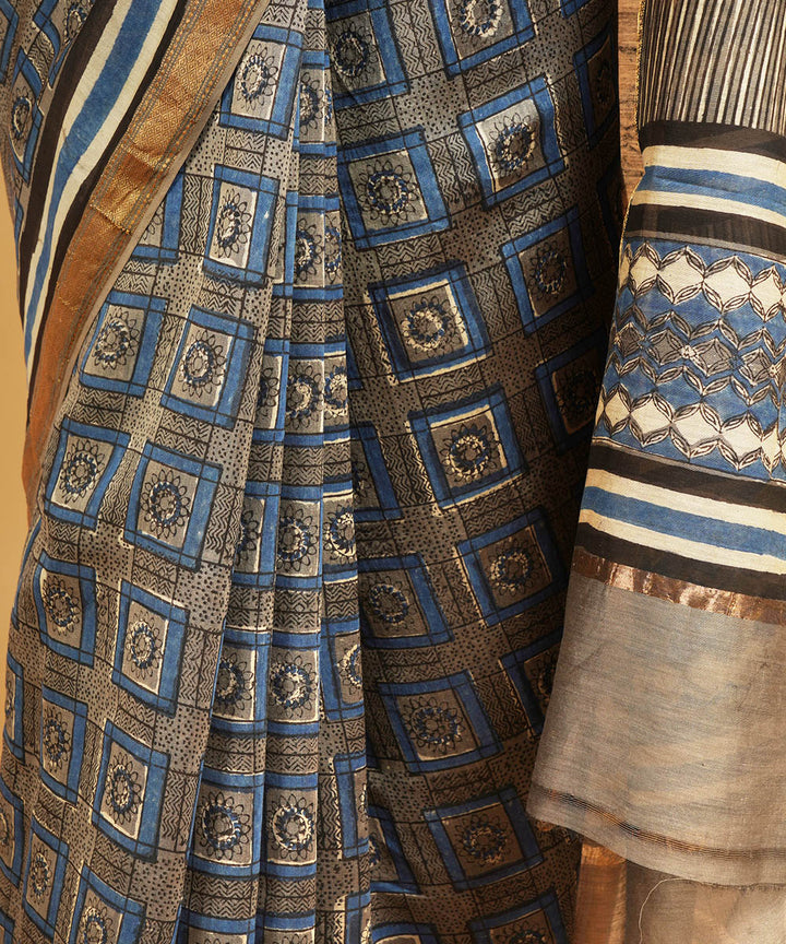 Grey cotton silk handblock dabu printed sari