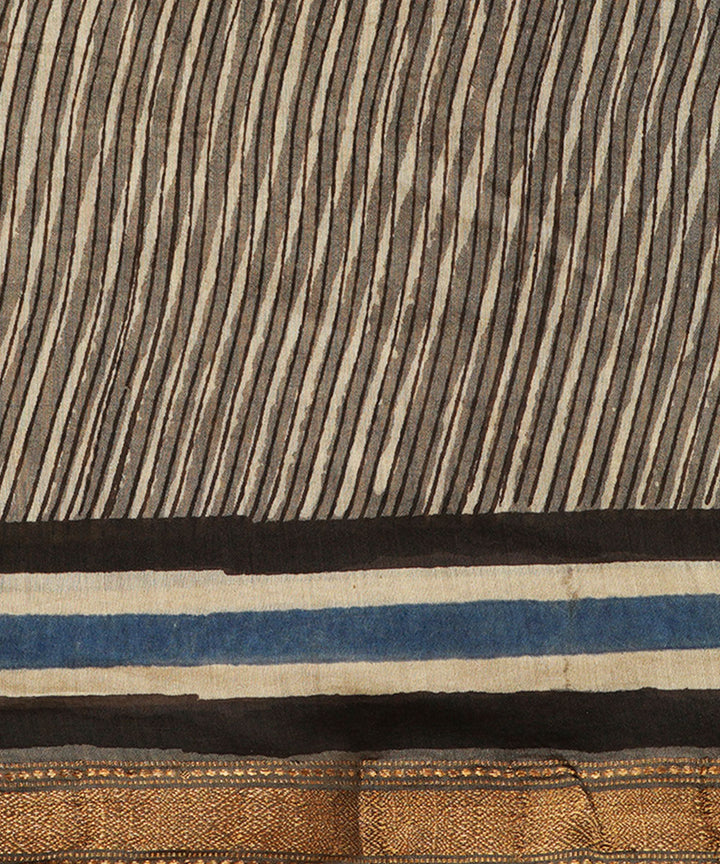 Grey cotton silk handblock dabu printed sari