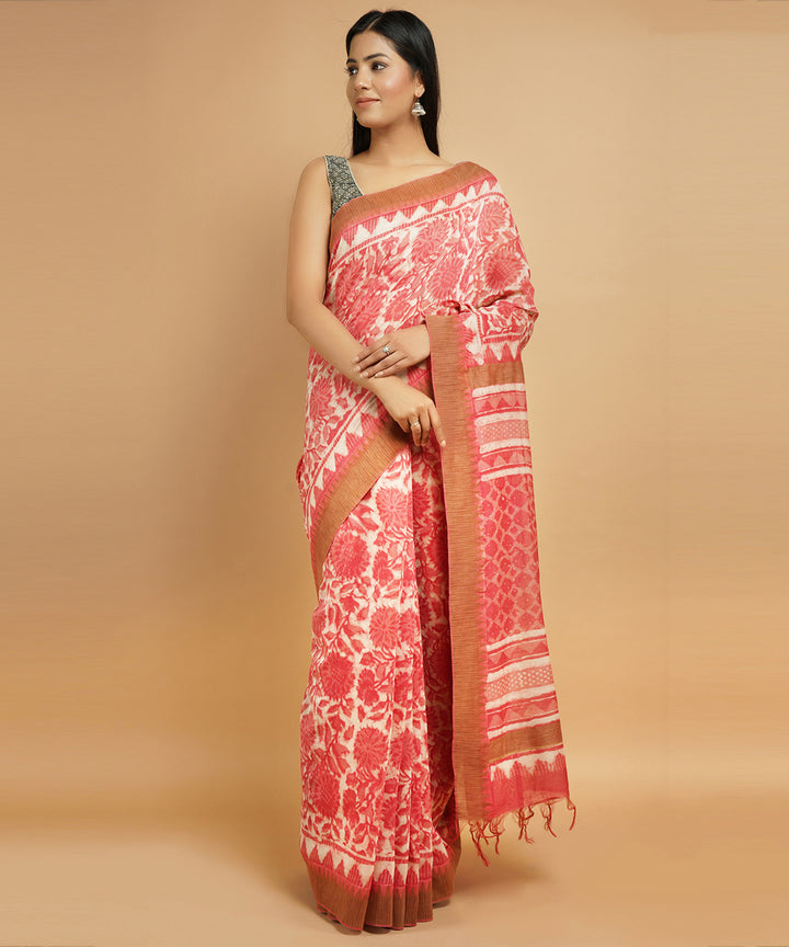 Peach gheecha border cotton silk handblock dabu print sari