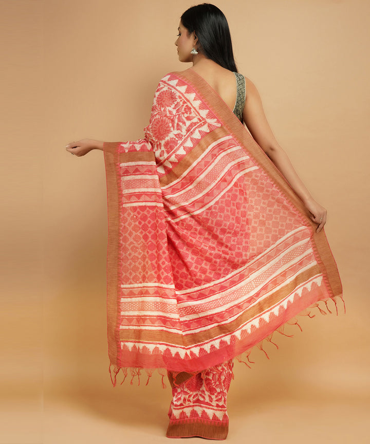 Peach gheecha border cotton silk handblock dabu print sari