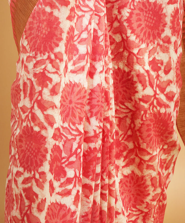 Peach gheecha border cotton silk handblock dabu print sari