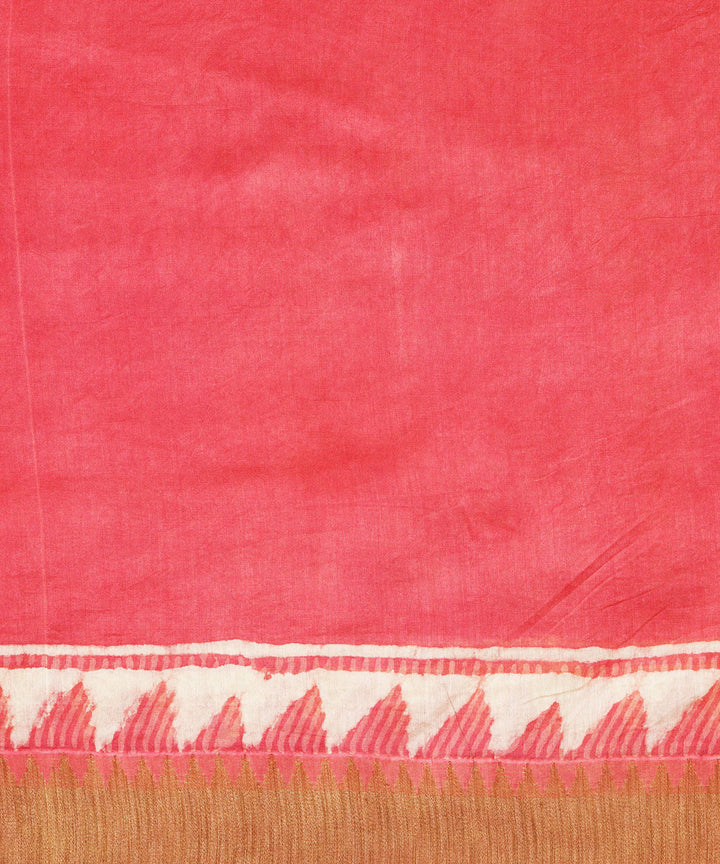 Peach gheecha border cotton silk handblock dabu print sari
