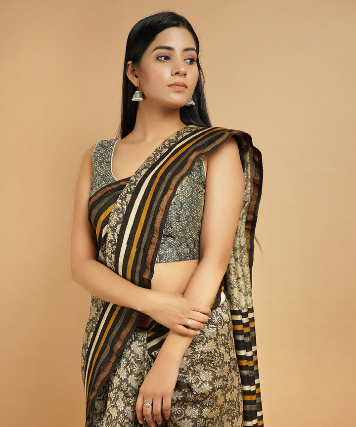 Grey and multicolor cotton silk handblock dabu print sari
