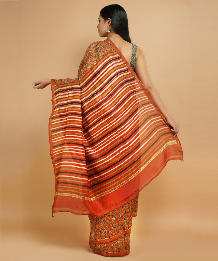 Orange cotton silk handblock dabu print sari