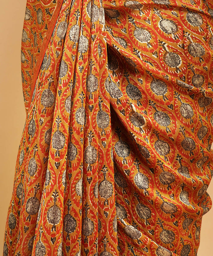 Orange cotton silk handblock dabu print sari