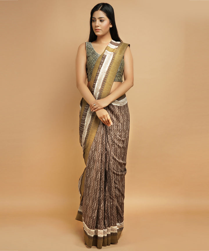 Grey gheecha border cotton silk handblock dabu print sari