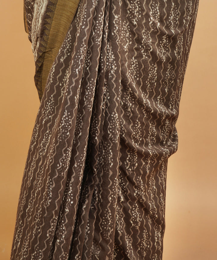 Grey gheecha border cotton silk handblock dabu print sari