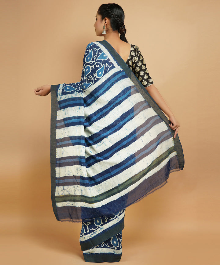Indigo gheecha border cotton silk hand block dabu print sari