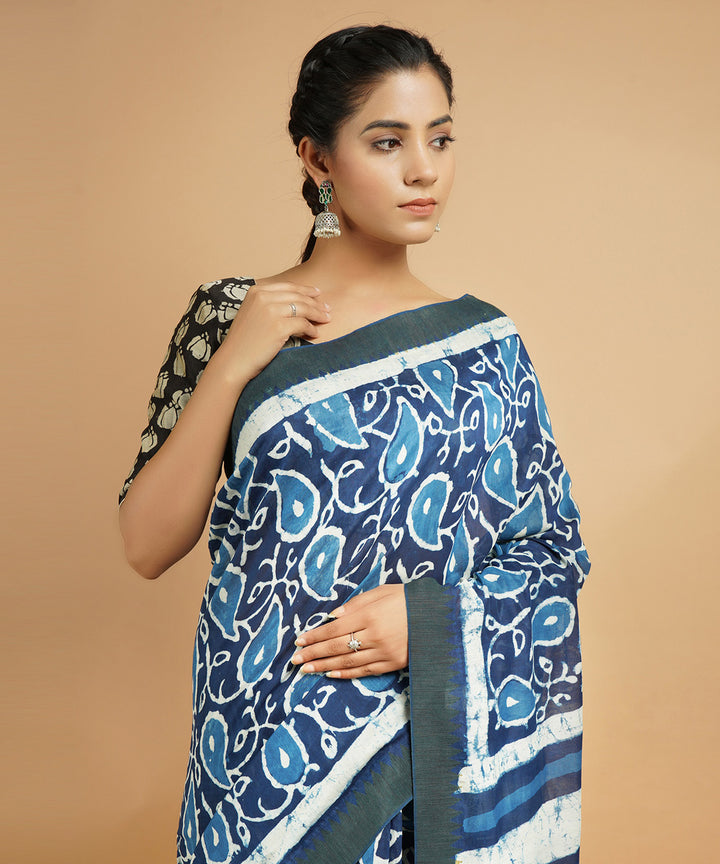 Indigo gheecha border cotton silk hand block dabu print sari