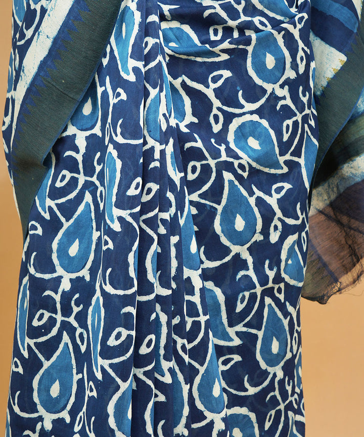 Indigo gheecha border cotton silk hand block dabu print sari