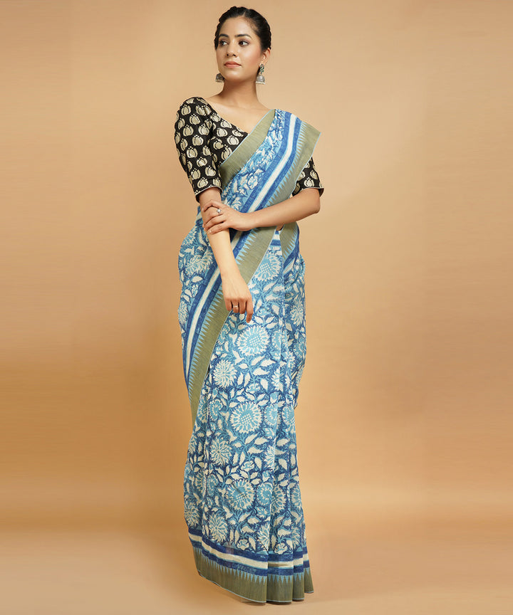Indigo ghiccha border cotton silk handblock dabu print sari