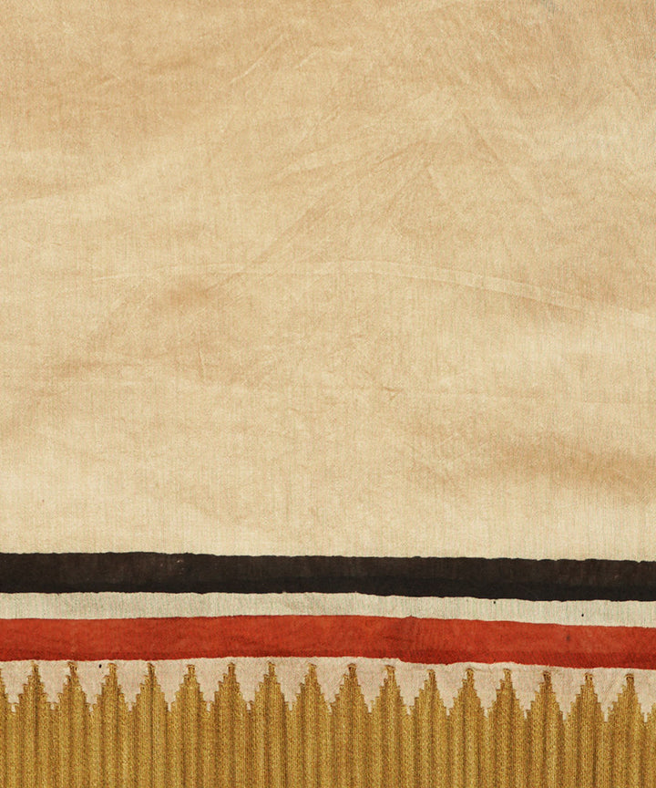 Cream gheecha border cotton silk handblock dabu print sari