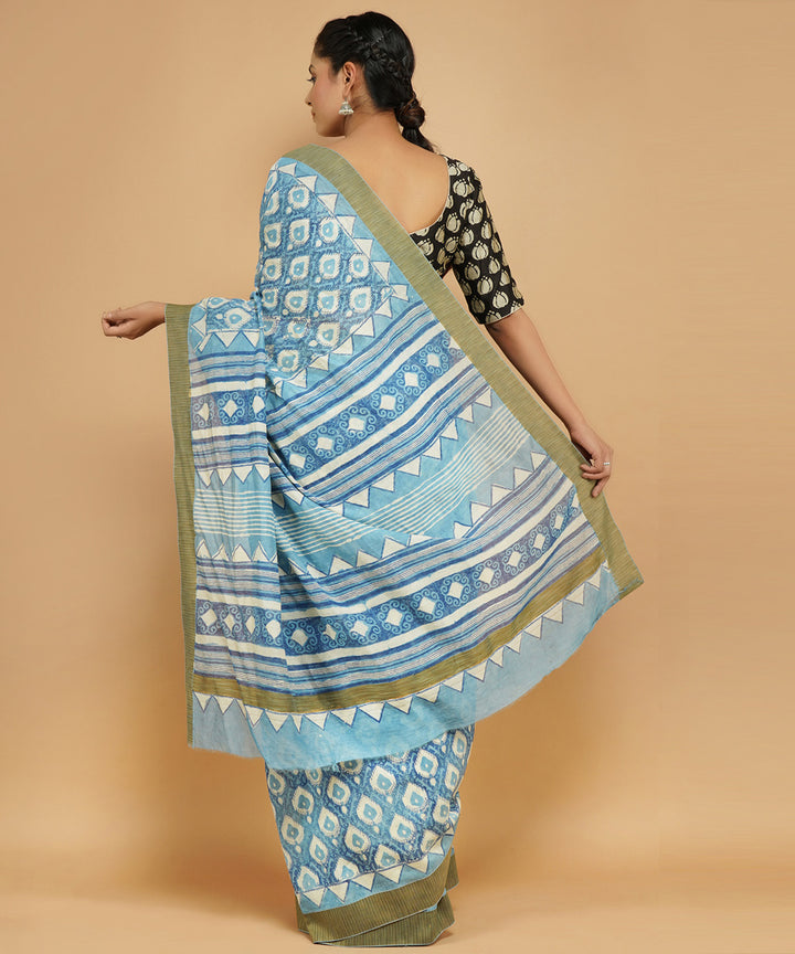 Indigo ghiccha border cotton silk handblock dabu printed sari