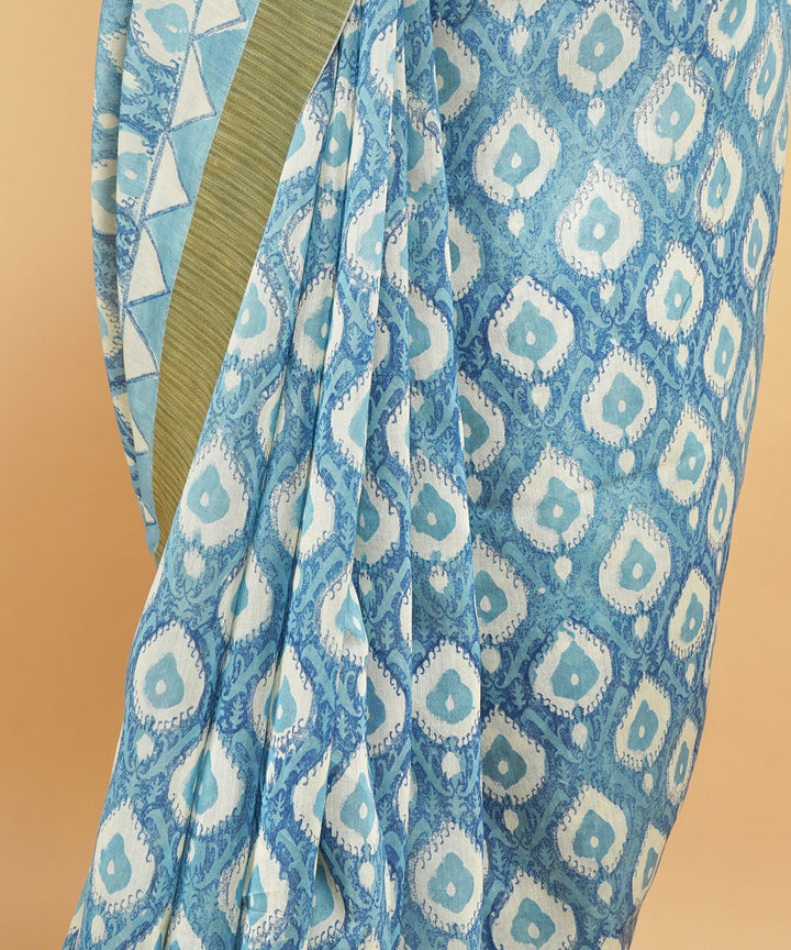 Indigo ghiccha border cotton silk handblock dabu printed sari