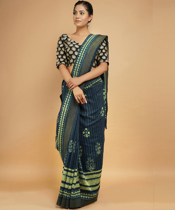 Indigo ghiccha border cotton silk hand block dabu print sari