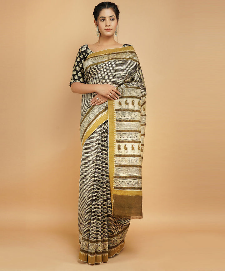 Black gheecha border cotton silk handblock dabu print sari