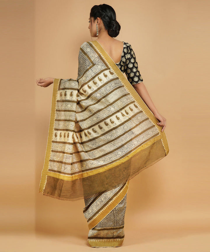 Black gheecha border cotton silk handblock dabu print sari