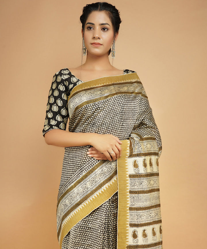 Black gheecha border cotton silk handblock dabu print sari