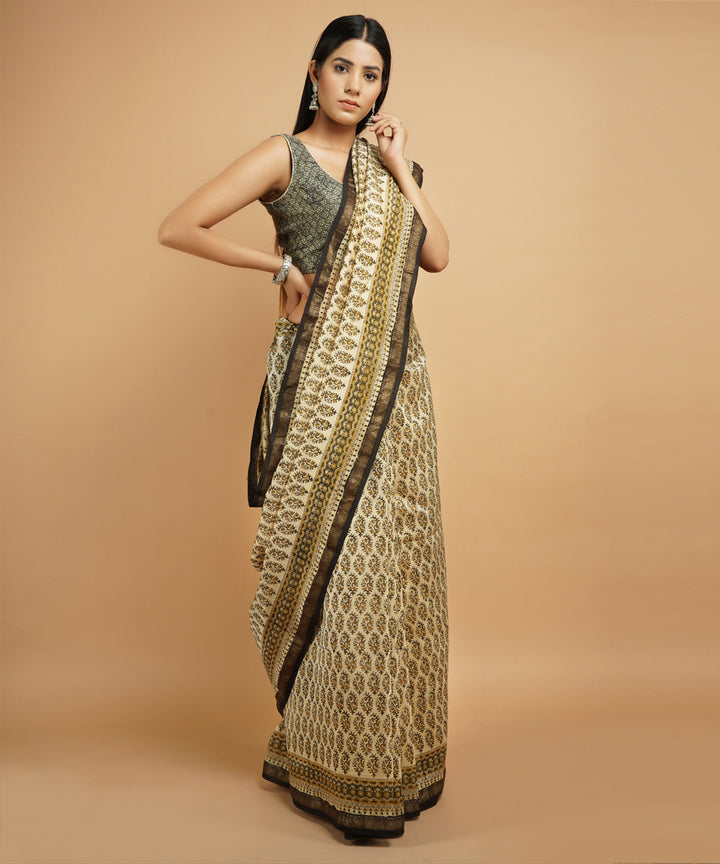 Cream cotton silk handblock dabu print sari