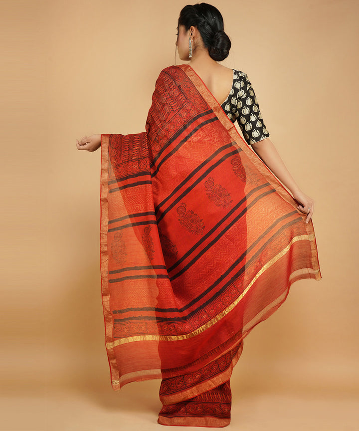 Red cotton silk handblock dabu print sari