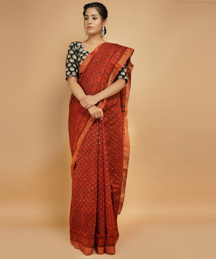 Red cotton silk hand block dabu print sari