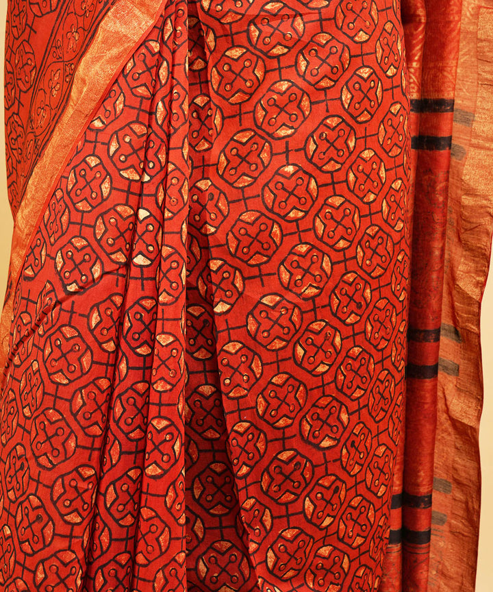 Red cotton silk hand block dabu print sari
