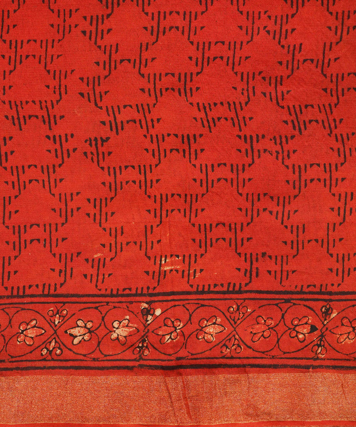 Red cotton silk hand block dabu print sari