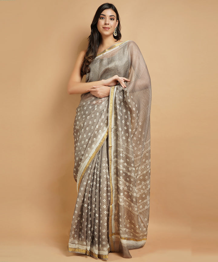 Grey cotton silk handblock dabu print sari