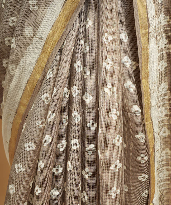 Grey cotton silk handblock dabu print sari