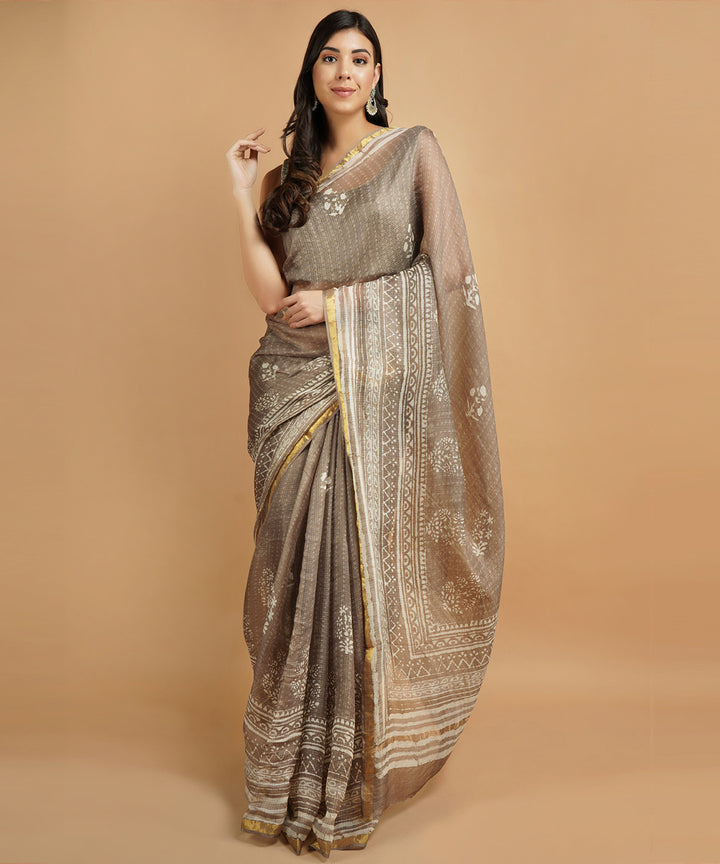 Grey silk handblock dabu print sari