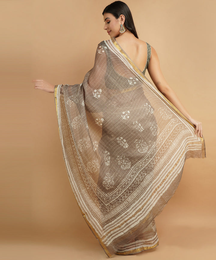 Grey silk handblock dabu print sari
