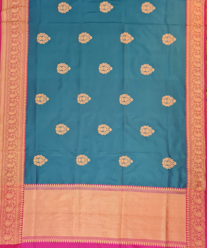 Cyan blue pink handwoven banarasi silk saree